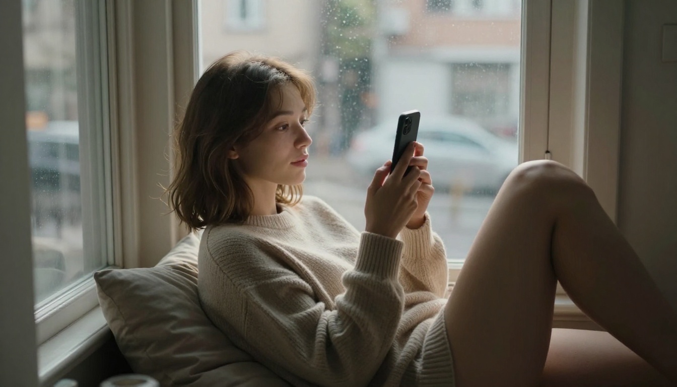 Woman reading at window seat with soft backlight