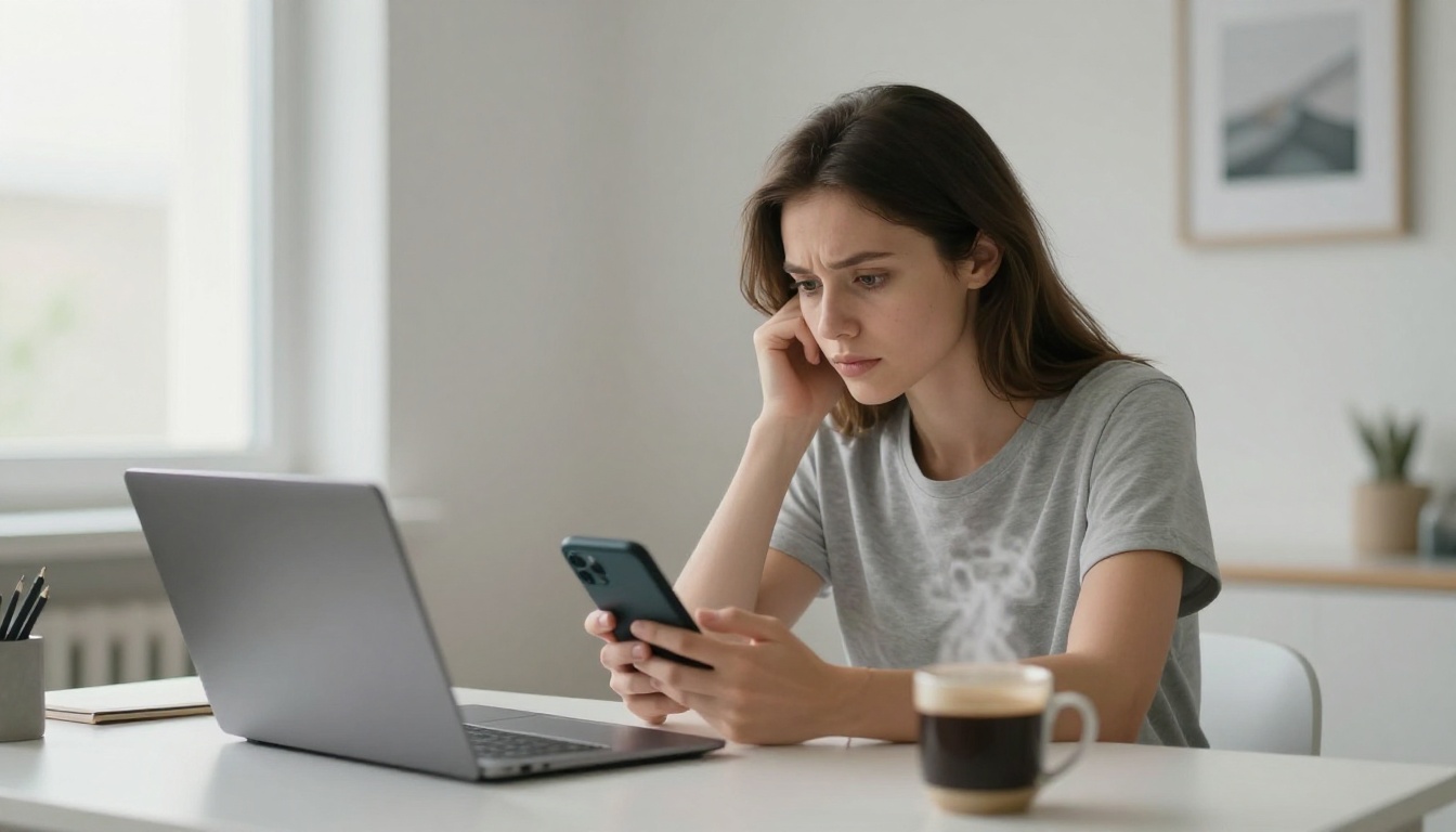 Woman at desk with laptop and coffee, focused on phone