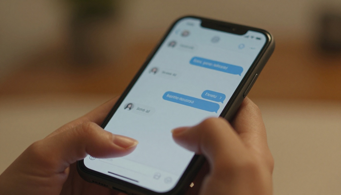 Close-up of phone screen showing chat bubbles in warm light