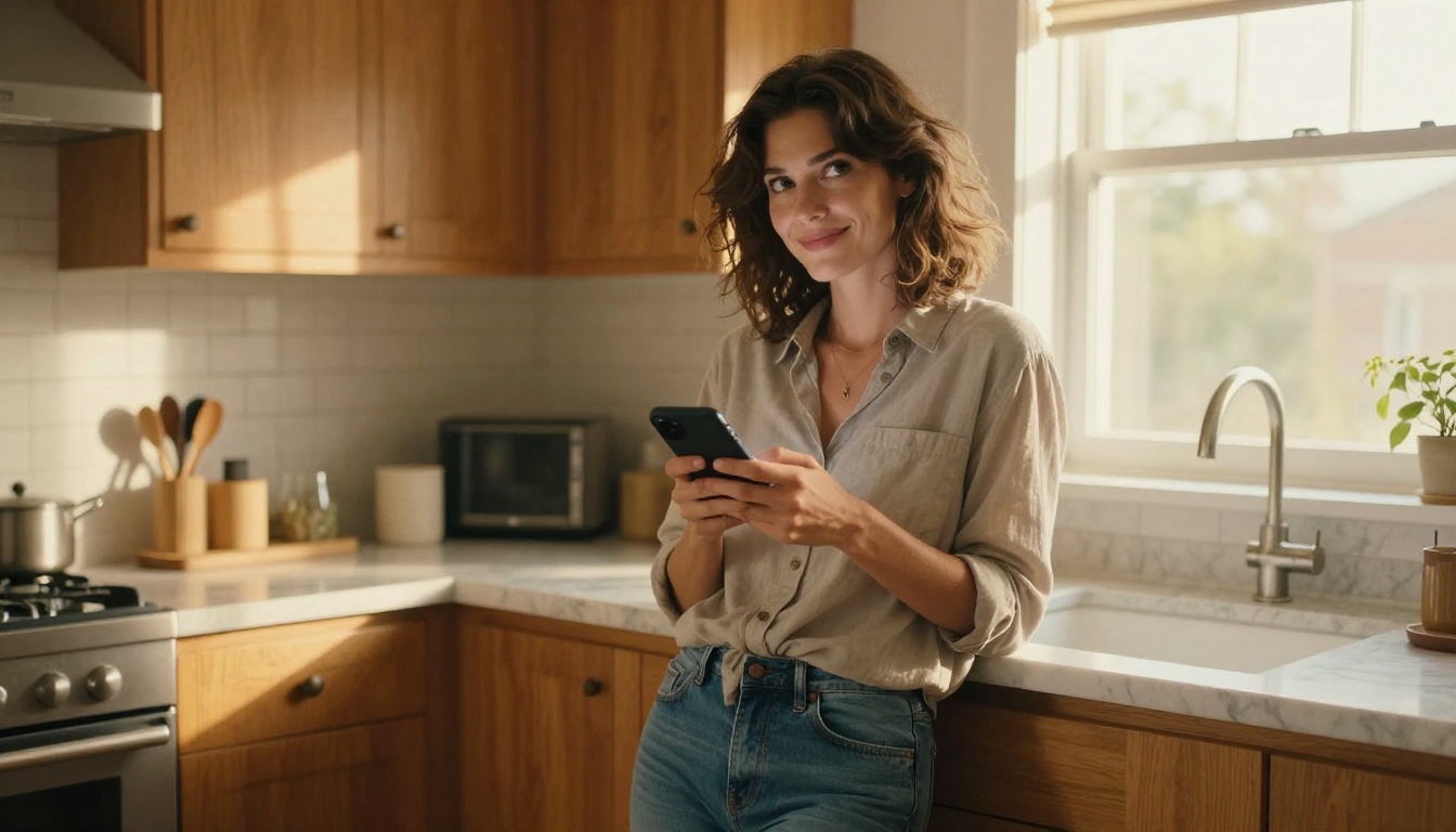 Confident woman at kitchen counter, amused by a witty phone response