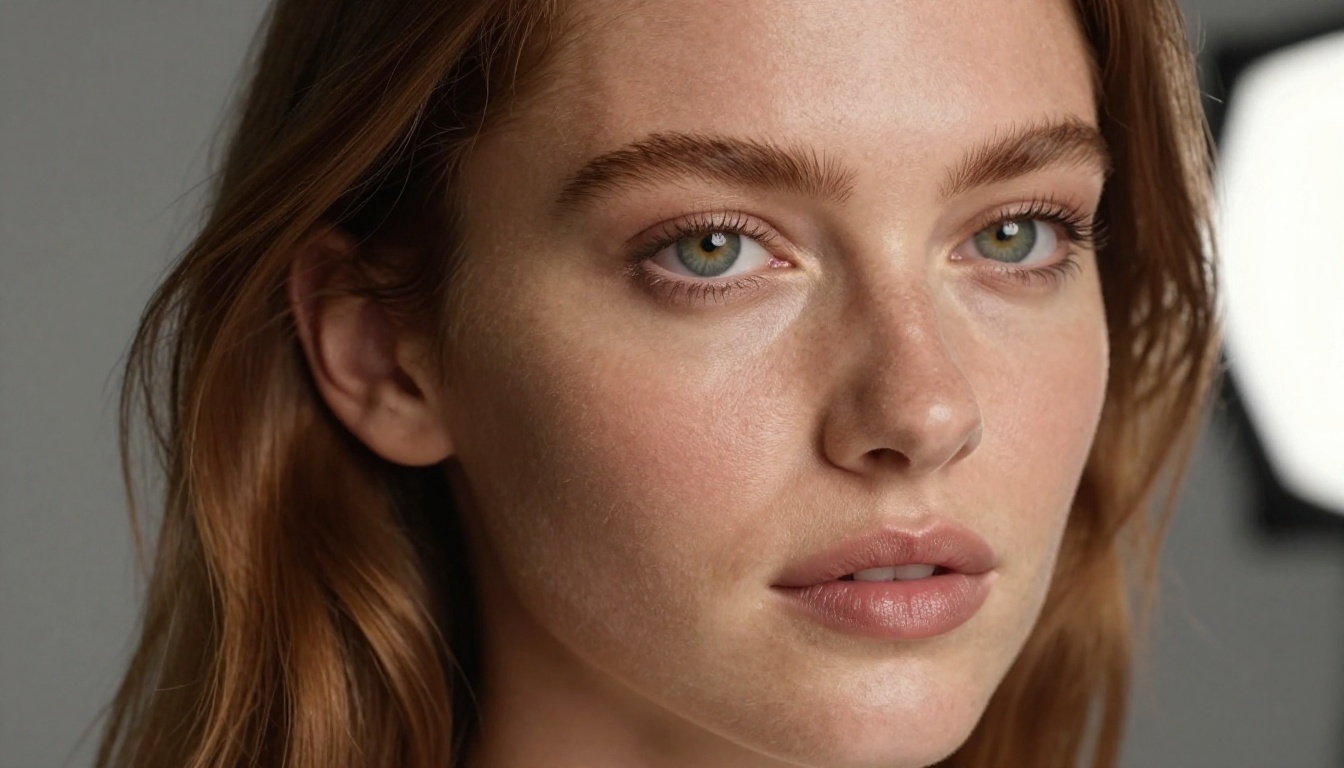 Beauty portrait close-up striking green eyes Beauty portrait close-up striking green eyes