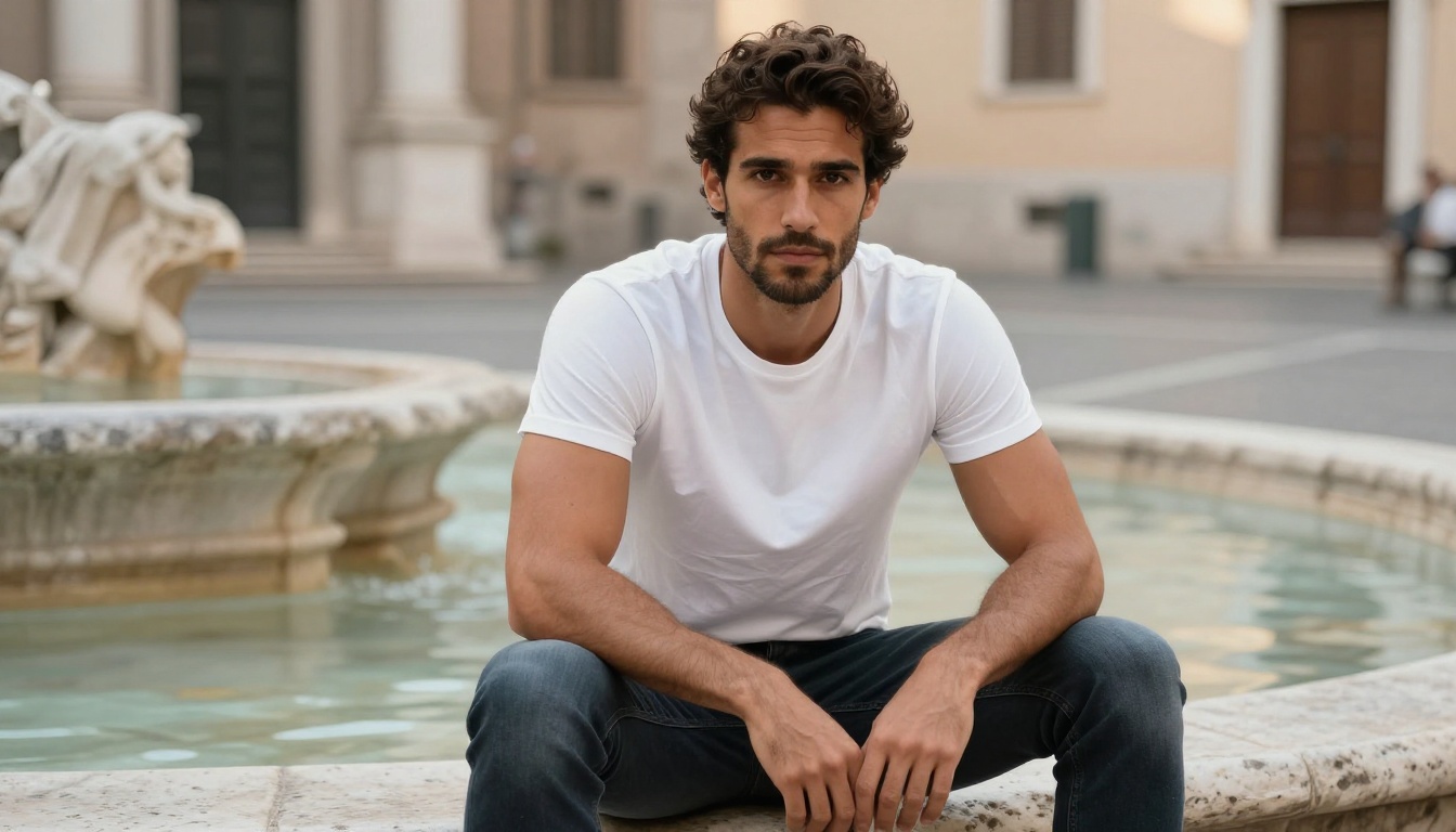 Man with warm olive skin, slim dark jeans, white fitted t-shirt, sitting on stone plaza steps, looking directly at camera with intense dark eyes