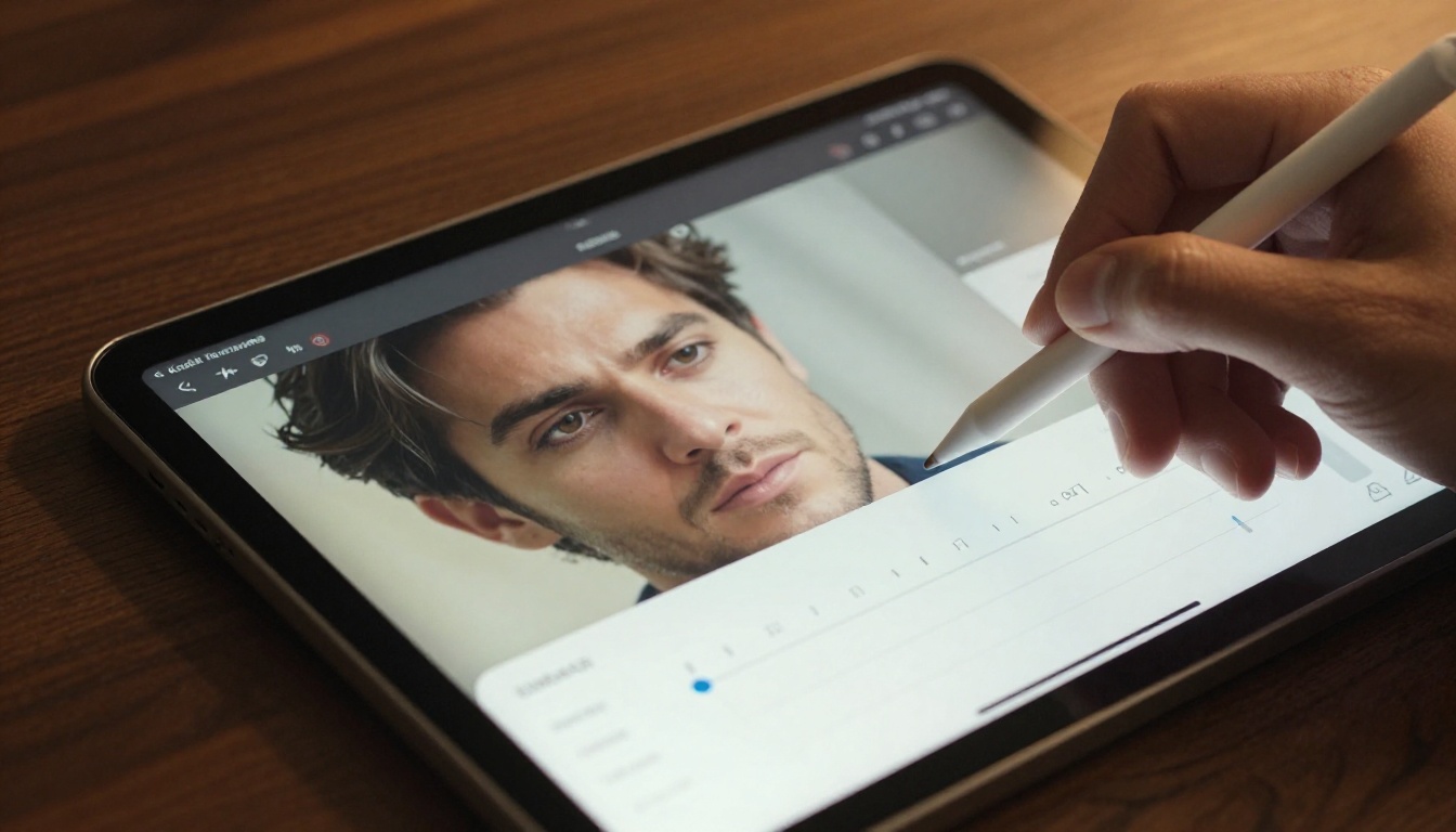 Digital tablet showing a character customization interface with sliders, stylus pen in hand with detailed finger skin texture, warm desk lamp glow, dark walnut desk surface
