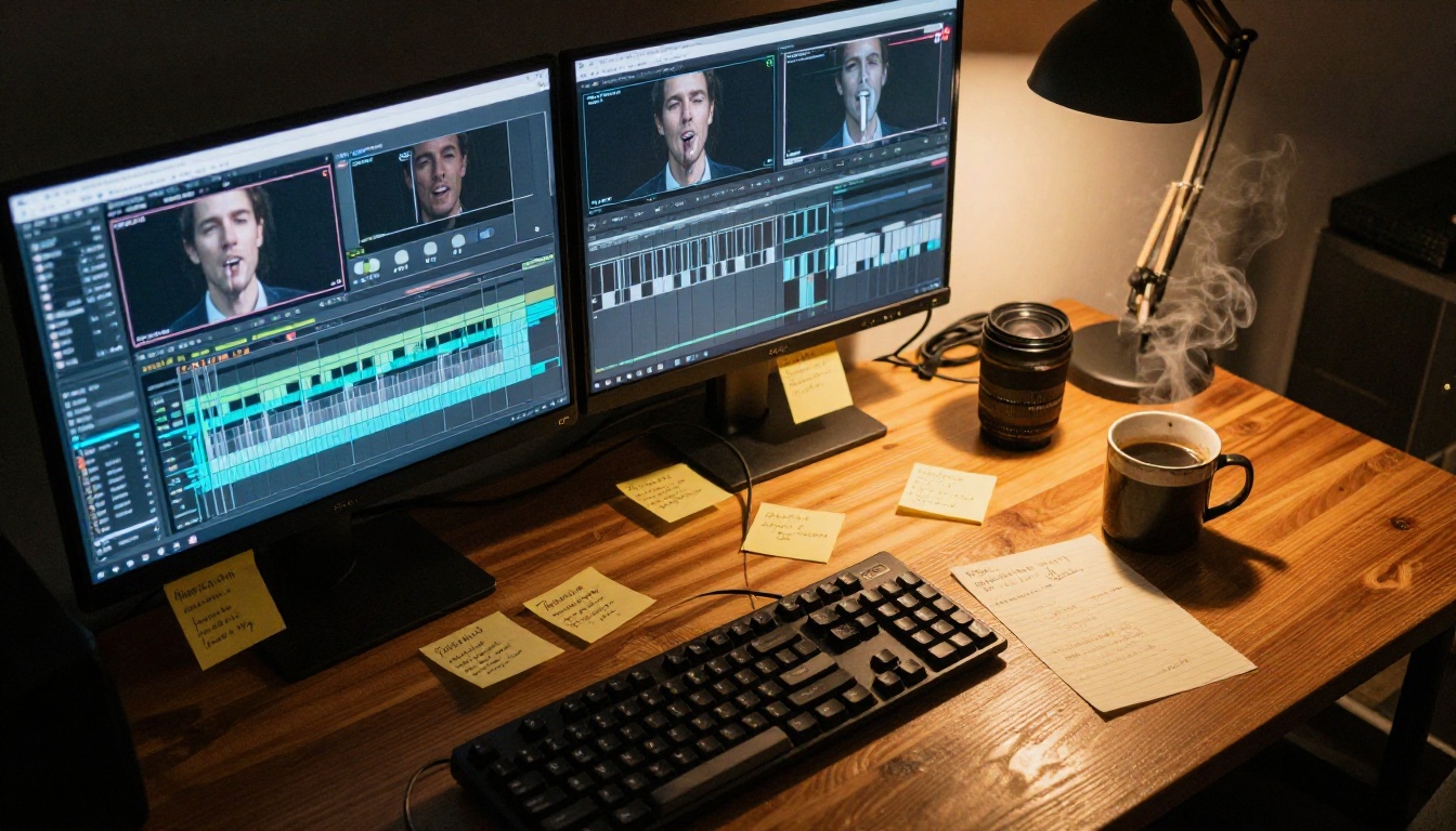 Professional audio-video editing workstation with dual monitors showing waveform timelines