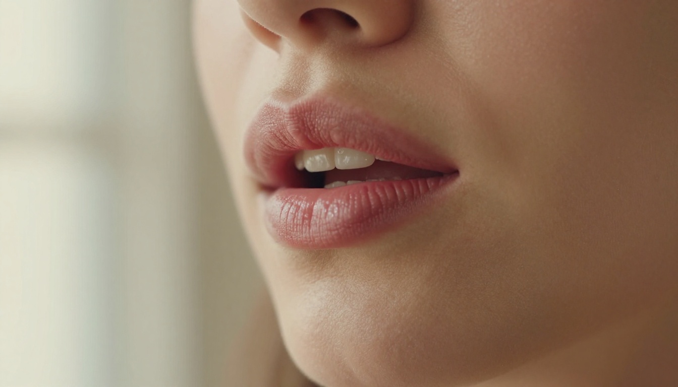 Close-up macro of woman's lips in mid-speech, natural daylight, photorealistic