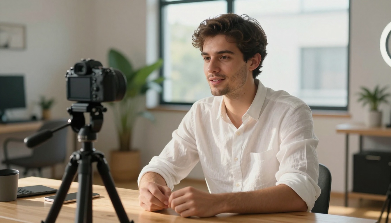 Man recording talking-head video at home office desk with camera on tripod