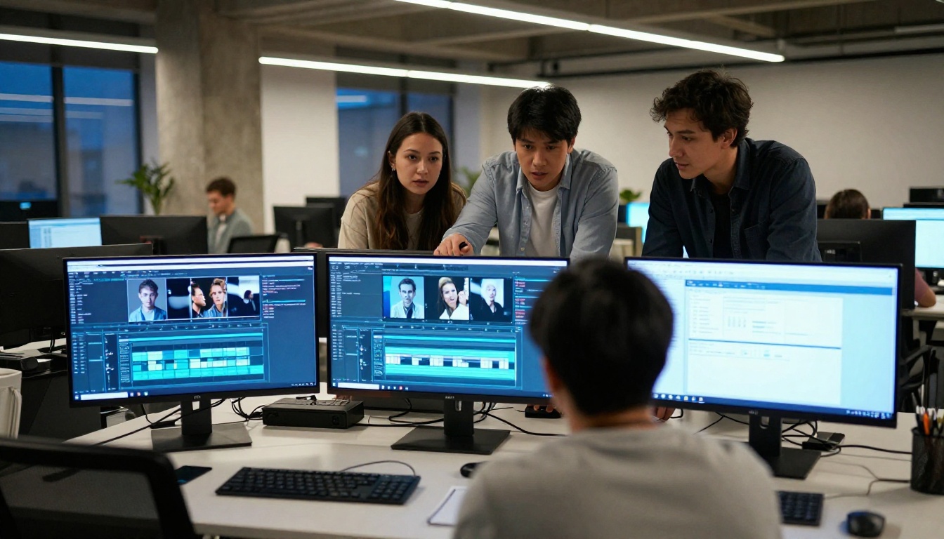 Wide office shot with four monitors showing video editing timelines and face animation clips