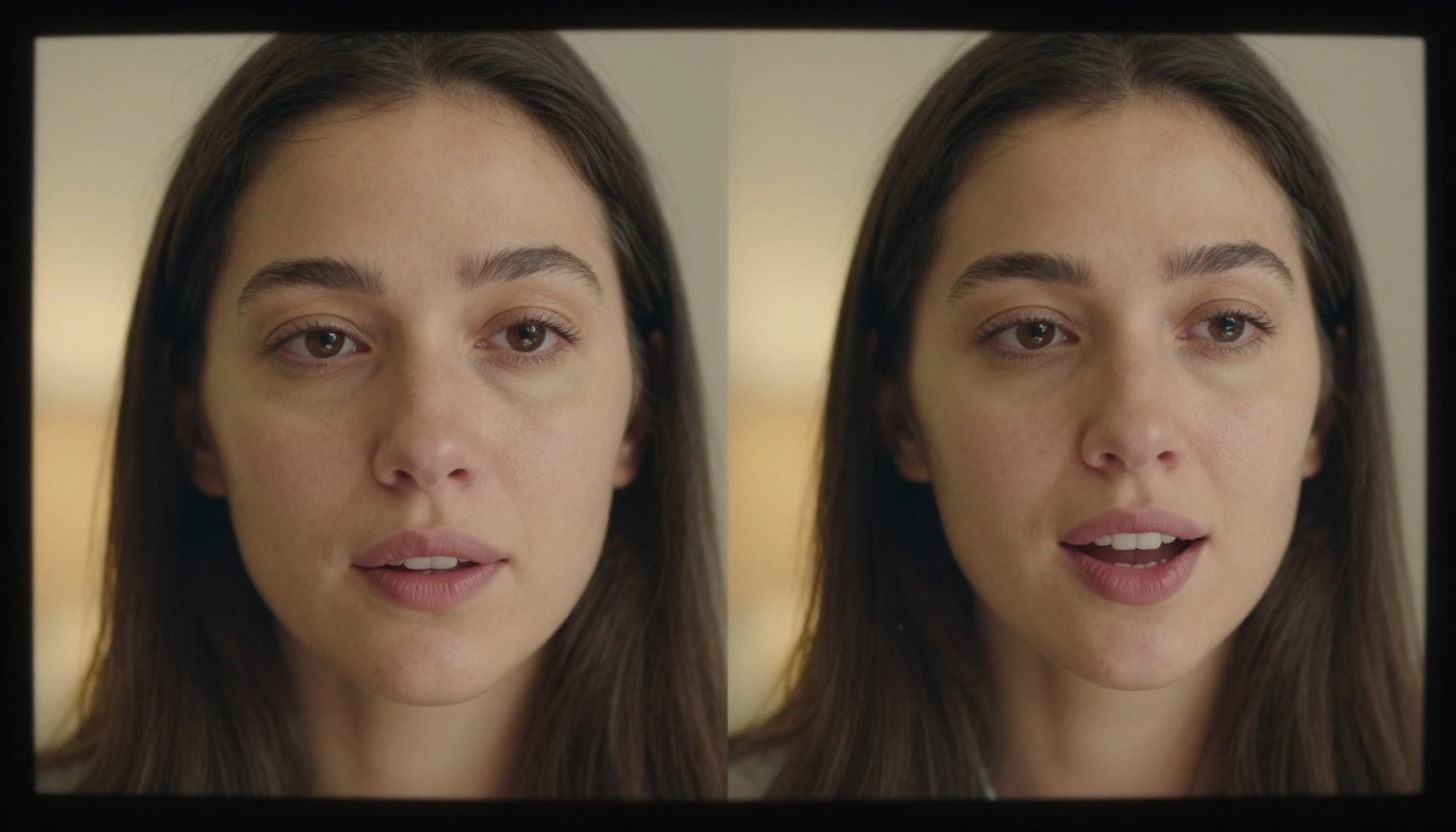 Close-up of woman's face split by vertical screen edge showing lipsync comparison