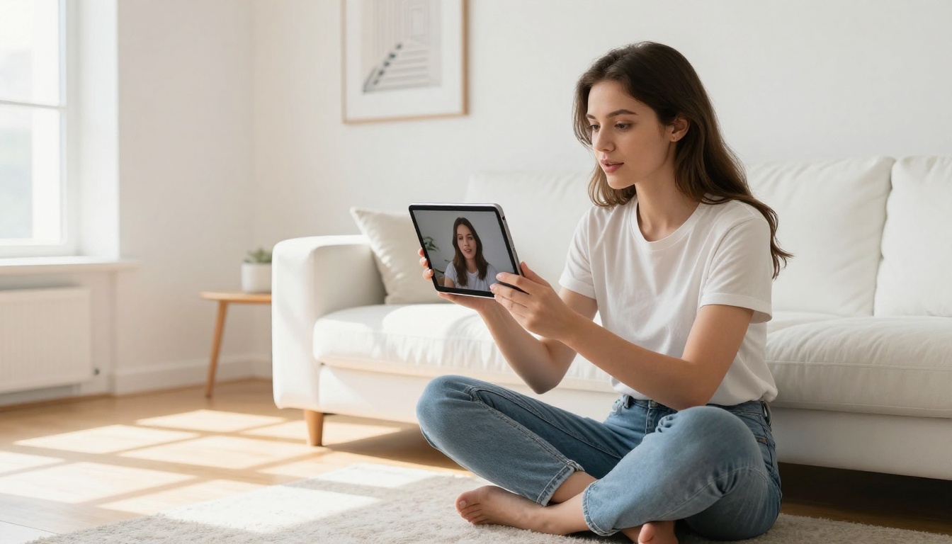 Woman holding tablet displaying video of herself speaking, Scandinavian-style living room