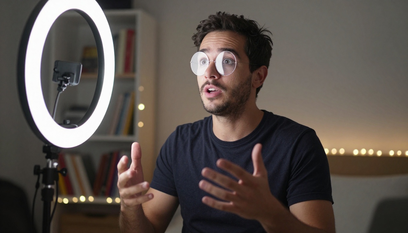Male content creator speaking confidently in front of ring light setup, low-angle photorealistic shot