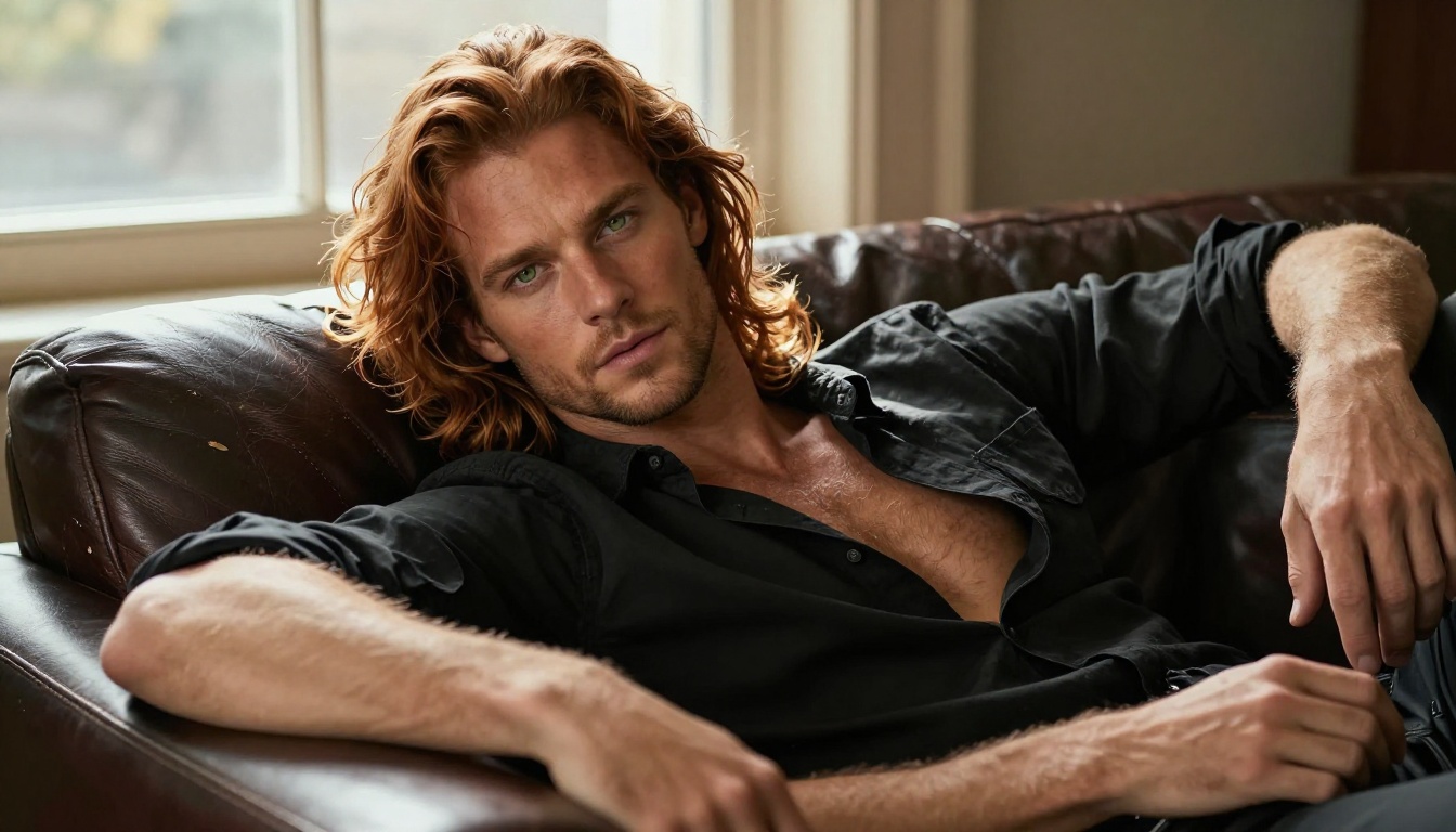 Man with long wavy auburn hair, sharp green eyes, open black shirt, reclining on dark leather sofa, warm afternoon rim lighting on shoulders