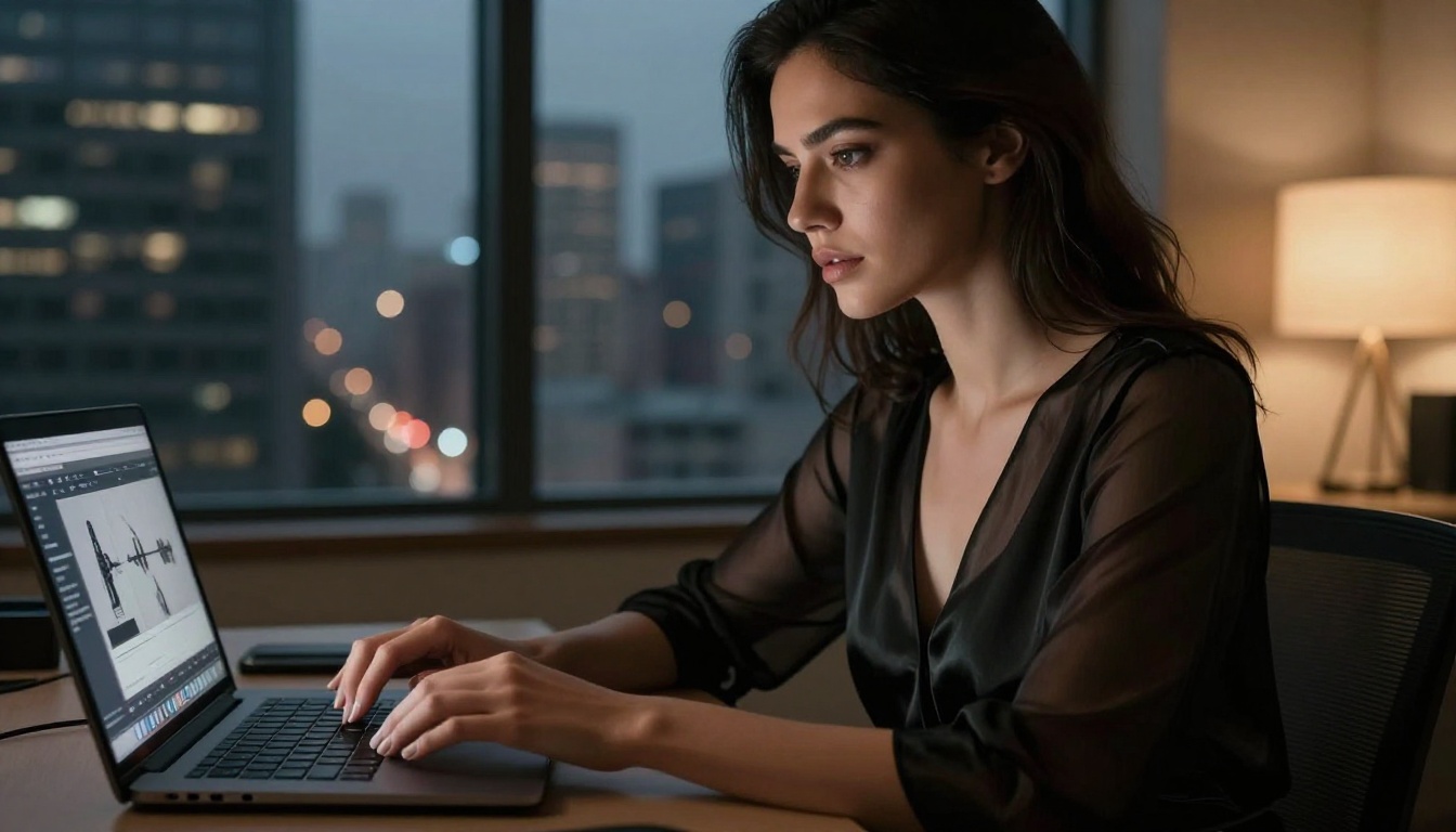 Elegant woman in black silk dress at city desk with laptop Elegant woman in black silk dress at city desk with laptop