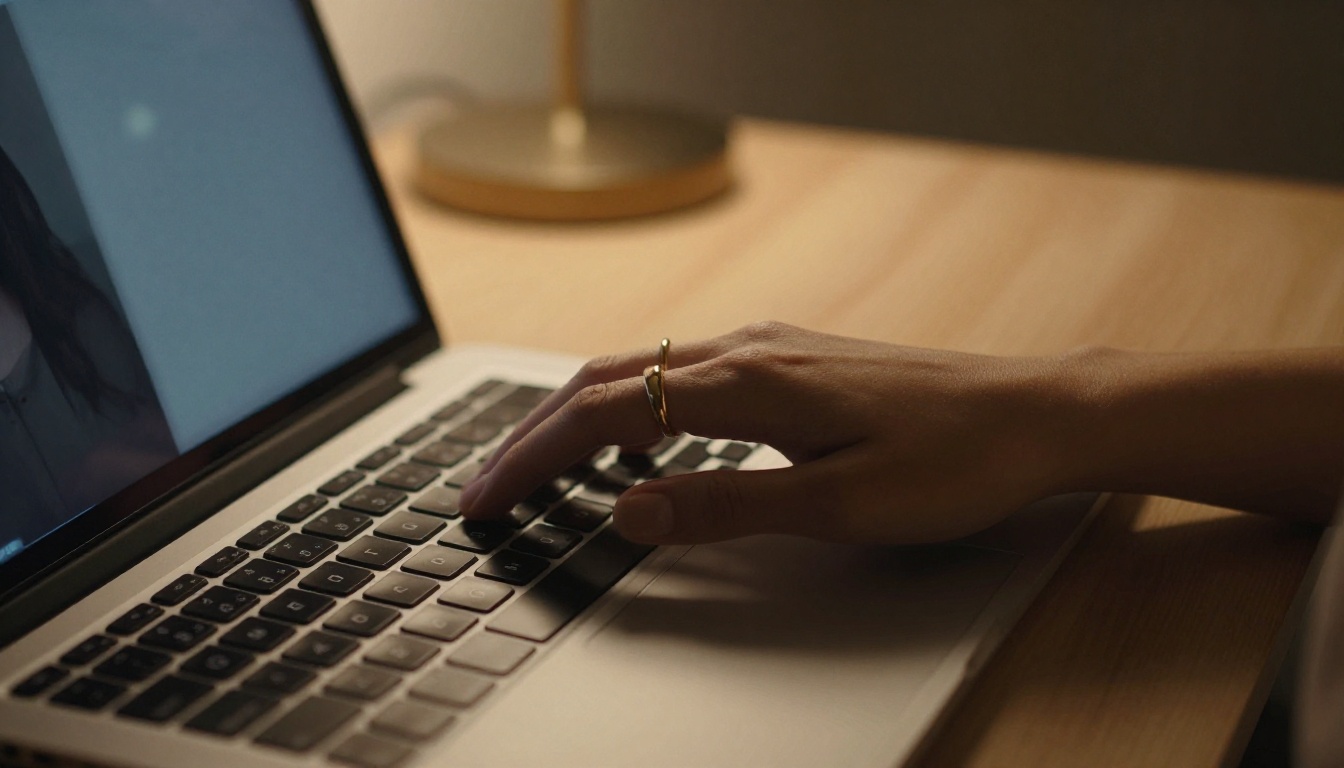 Close-up of woman's hand on laptop keyboard with gold rings Close-up of woman's hand on laptop keyboard with gold rings