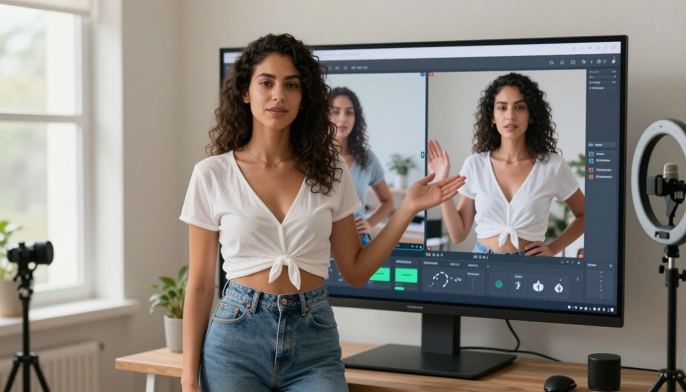 Woman creator standing in front of monitor with AI video comparison Woman creator standing in front of monitor with AI video comparison