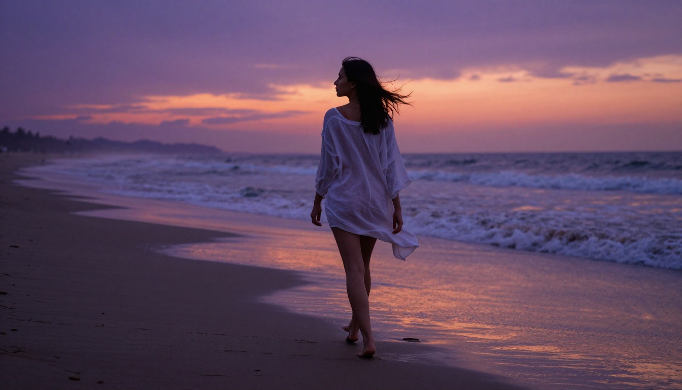 Woman in sheer linen cover-up walking along shoreline at sunset Woman in sheer linen cover-up walking along shoreline at sunset