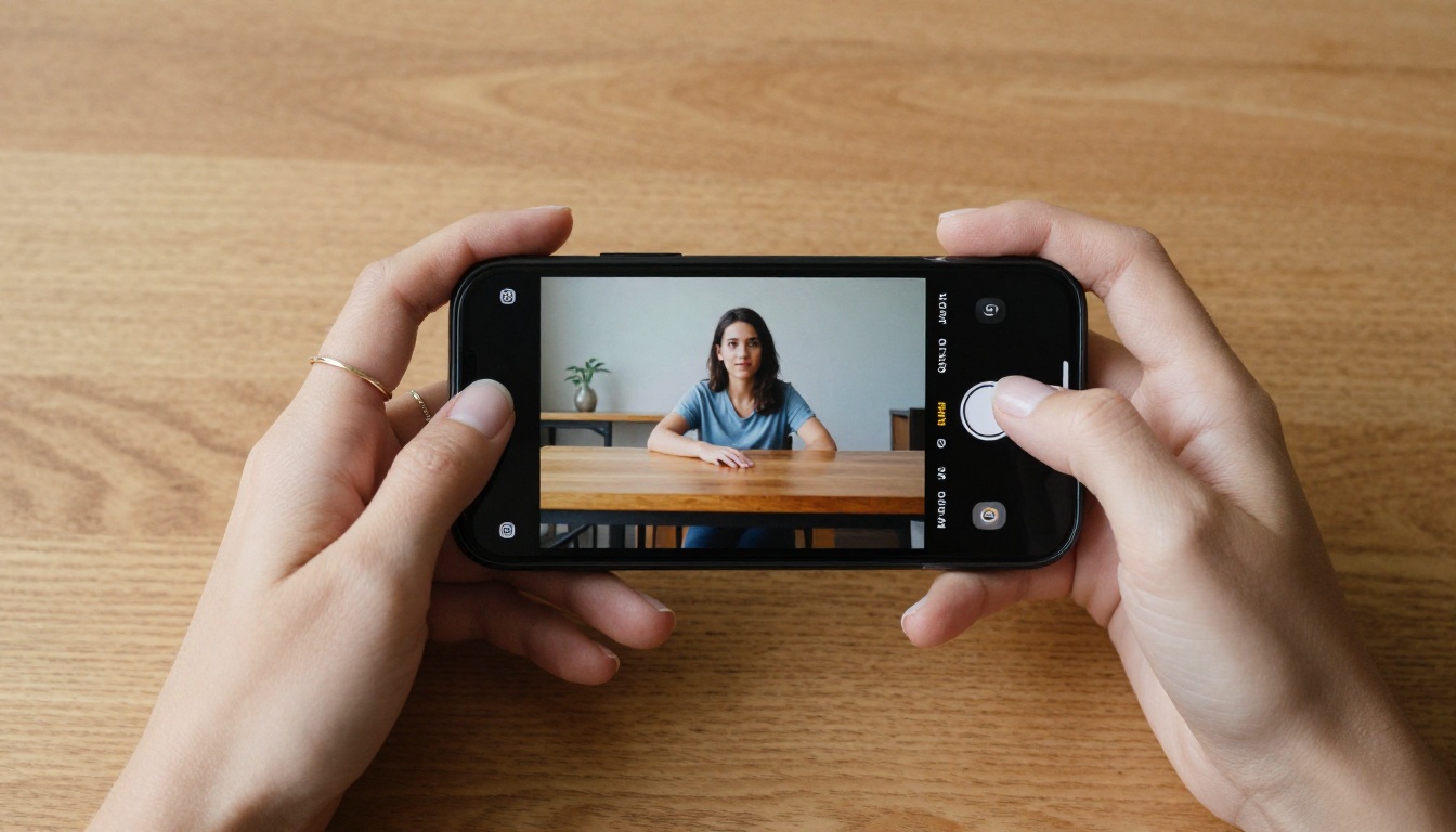Two smartphones held in elegant hands showing AI video thumbnails Two smartphones held in elegant hands showing AI video thumbnails