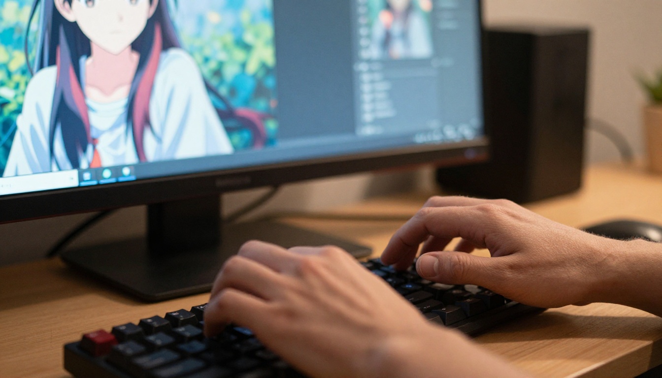 Close-up of hands typing on a mechanical keyboard with an anime character displayed on the soft-focus monitor behind