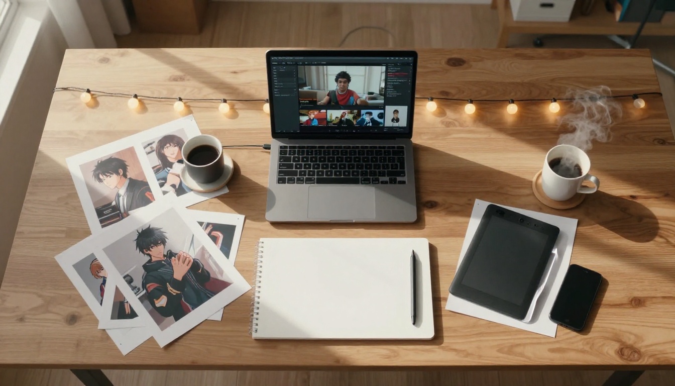 Aerial view of a creative animation workspace with laptop, drawing tablet, and reference sheets