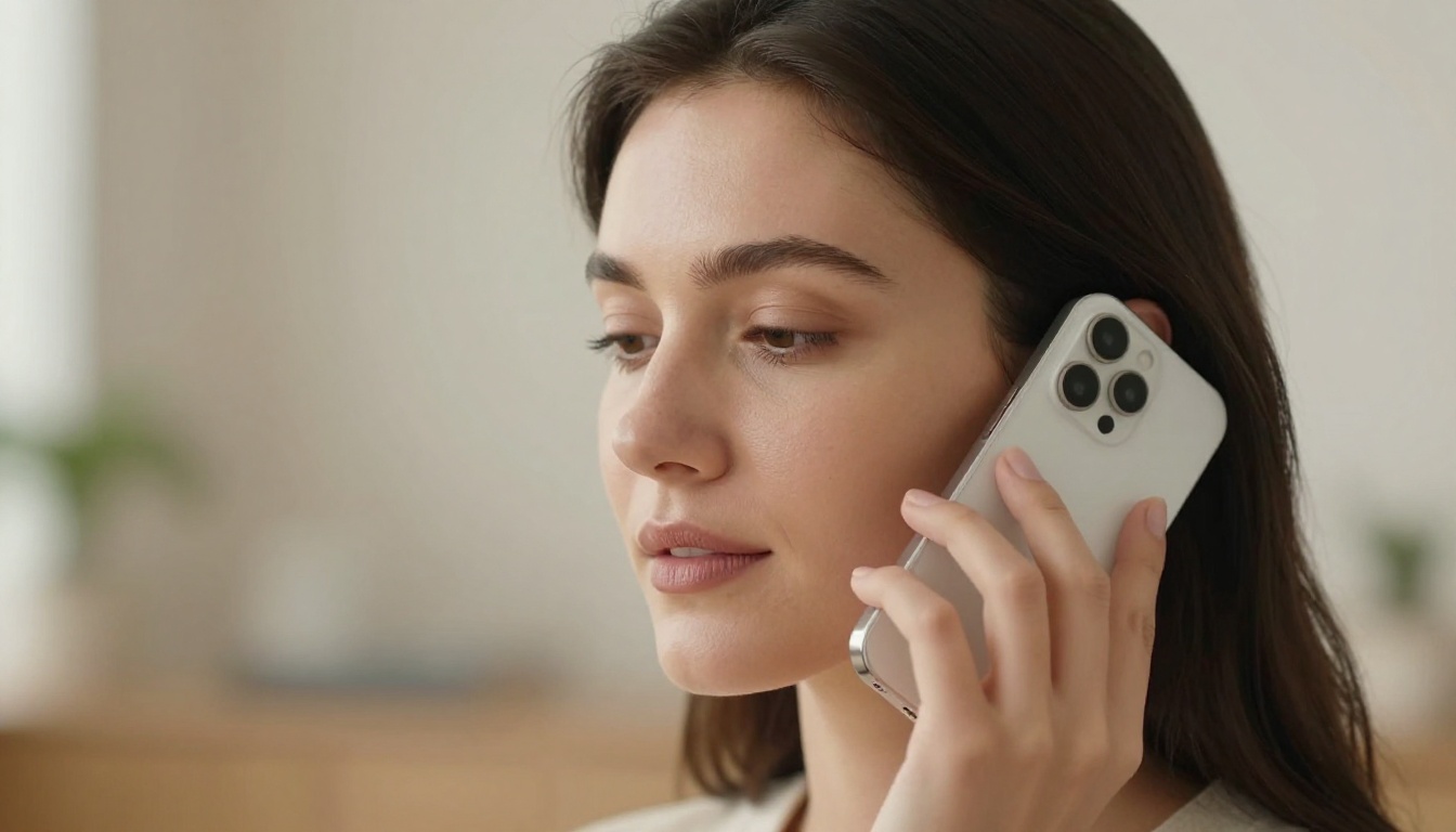Close-up portrait of a woman holding a phone to her ear, eyes slightly closed in a moment of listening