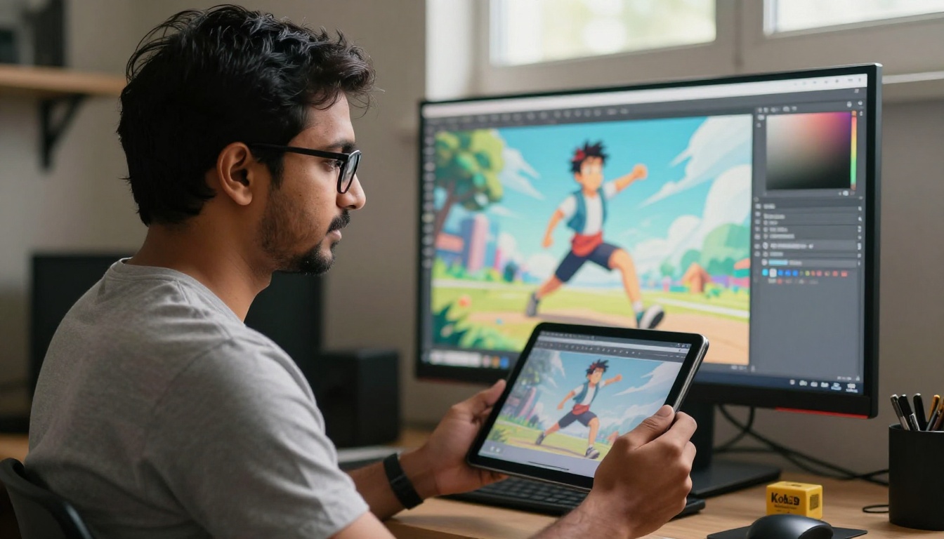 A digital artist reviewing an animation preview playing on a tablet, standing in a warmly lit creative studio