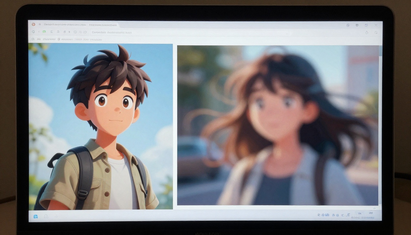 Macro close-up of a monitor screen showing an AI animation interface with a still character on the left and a motion-blurred version on the right