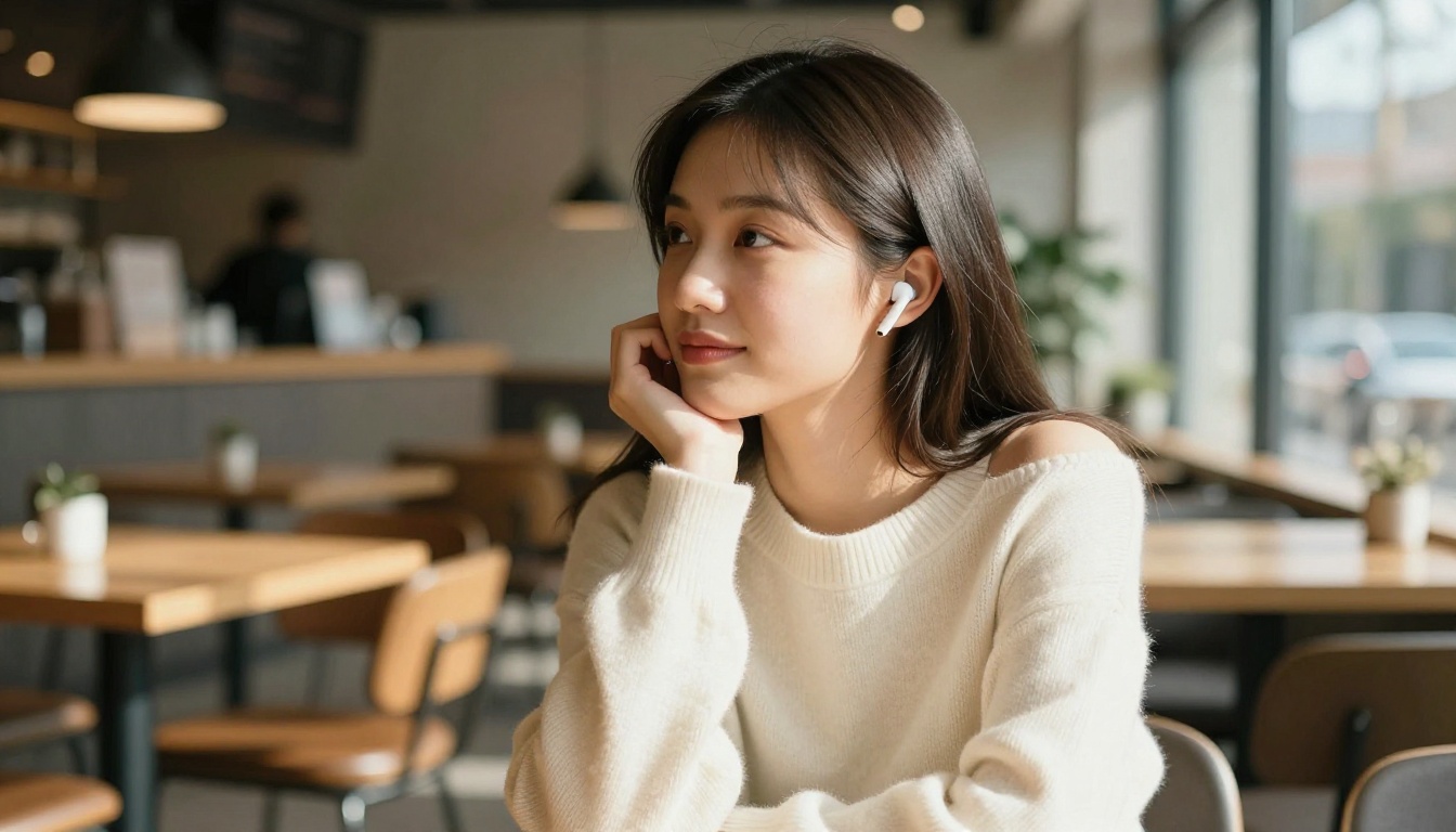 Attractive woman with earbuds sitting at a café table, looking thoughtfully to the side with a slight smile