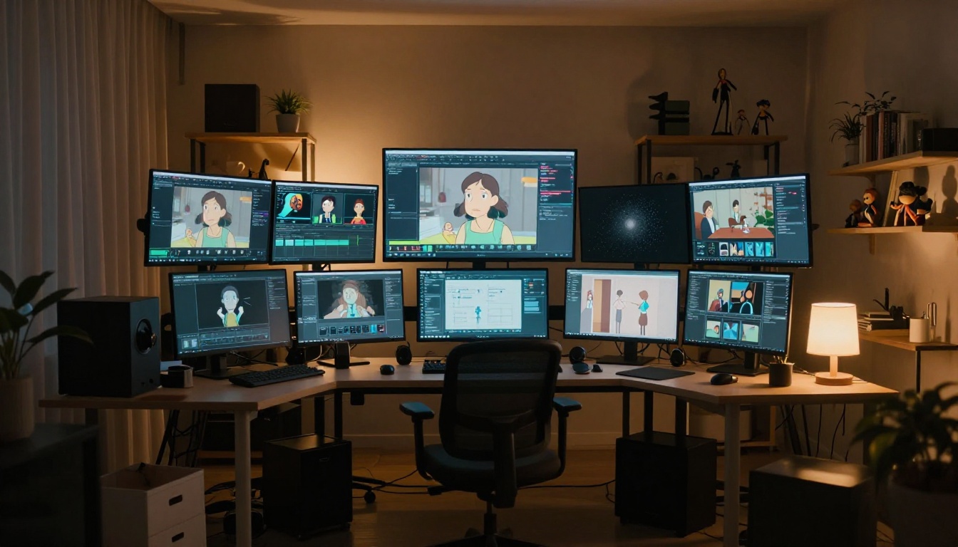 Wide-angle interior view of a home animation studio at night with three monitors showing different stages of a character animation workflow