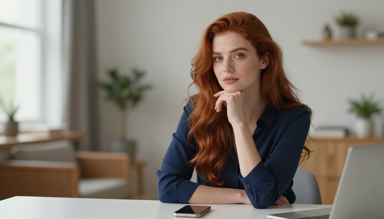 Woman with auburn hair at a minimalist white desk, one hand under her chin, soft confident expression