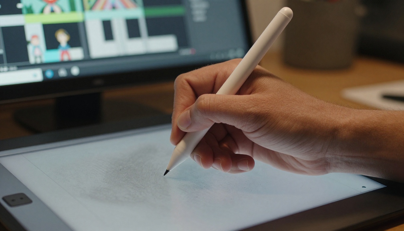 Close-up of a stylus pen on a drawing tablet with a character animation timeline visible in the soft background
