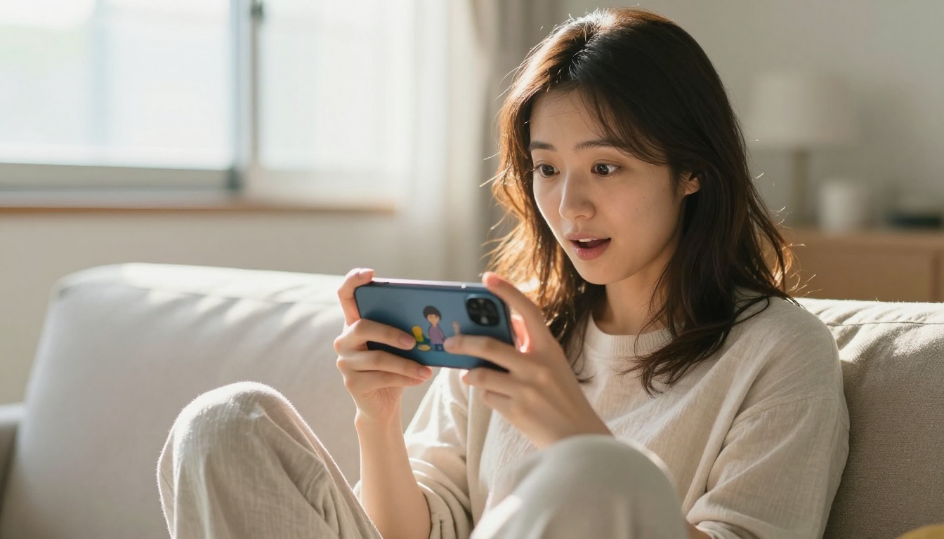 A young woman sitting on a couch watching an animation preview on her phone, natural morning light creating rim lighting around her hair