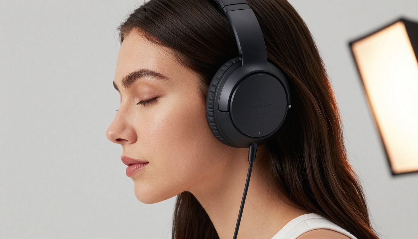 Profile of a beautiful woman with over-ear headphones, eyes closed, fully absorbed in listening