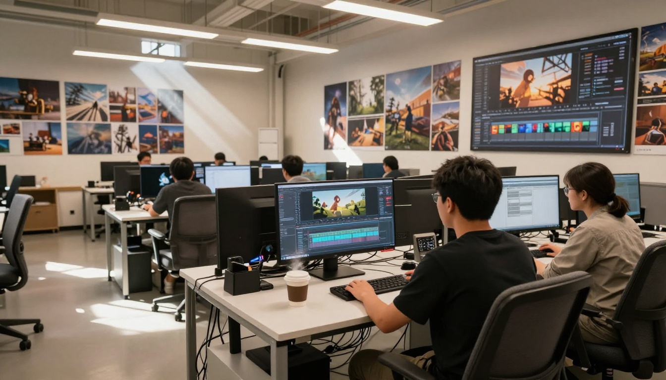 Wide interior shot of a professional animation studio with workstations, natural skylights, and a monitor showing an animation timeline in the foreground
