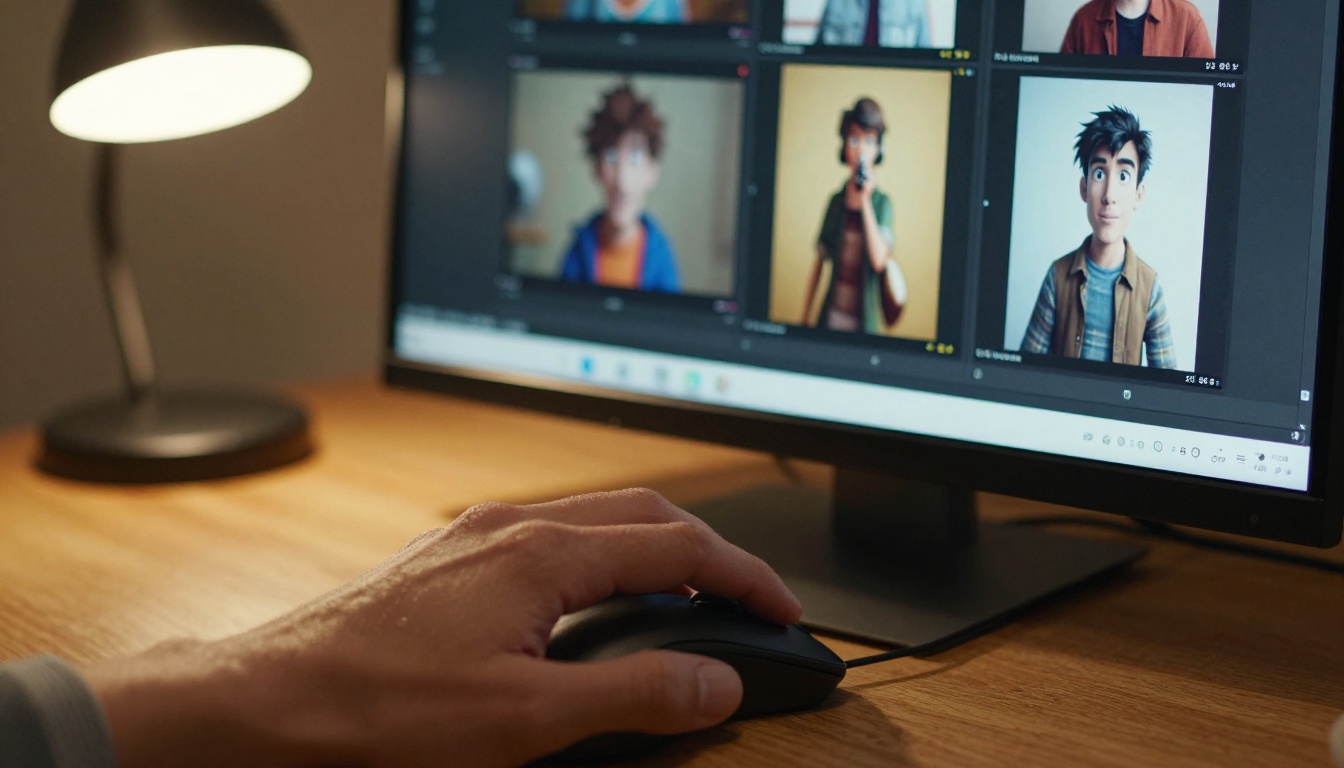 Close-up of a hand resting on a mouse next to a monitor showing a comparison grid of four animation style thumbnails