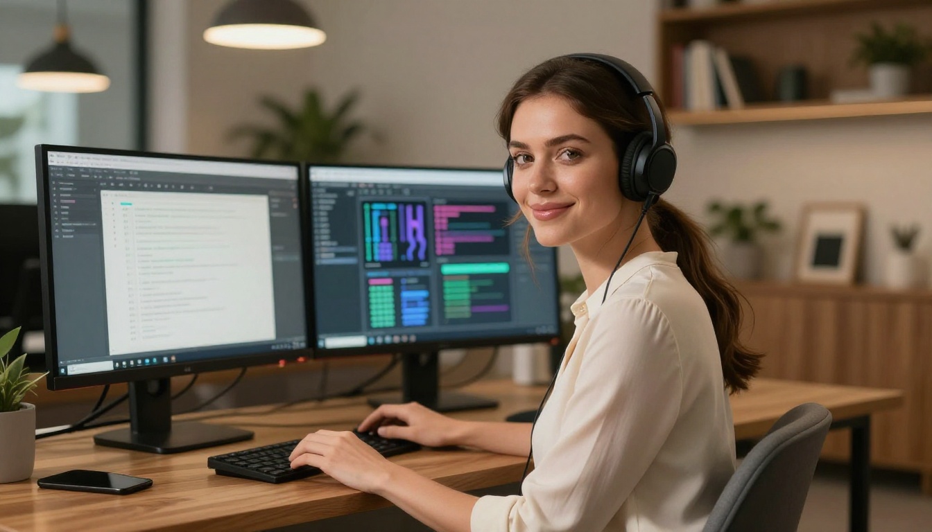 Woman at a modern workspace with dual AI monitors, headset on, looking directly at camera with a confident smile