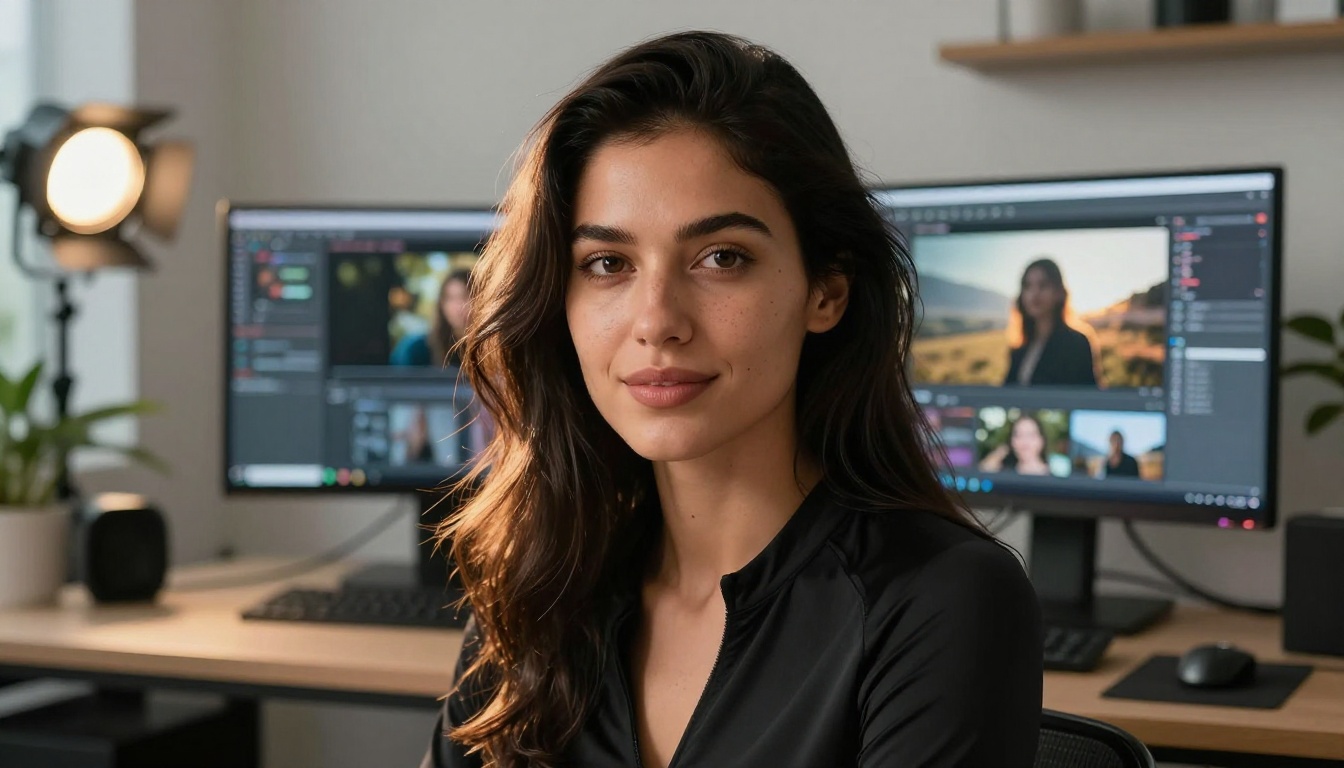 Content creator at professional AI workstation with cinematic monitors