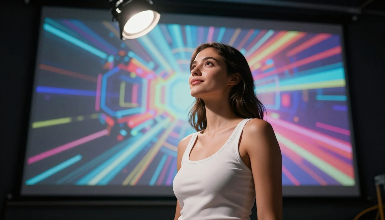 Woman reviewing AI-generated images in a bright creative workspace