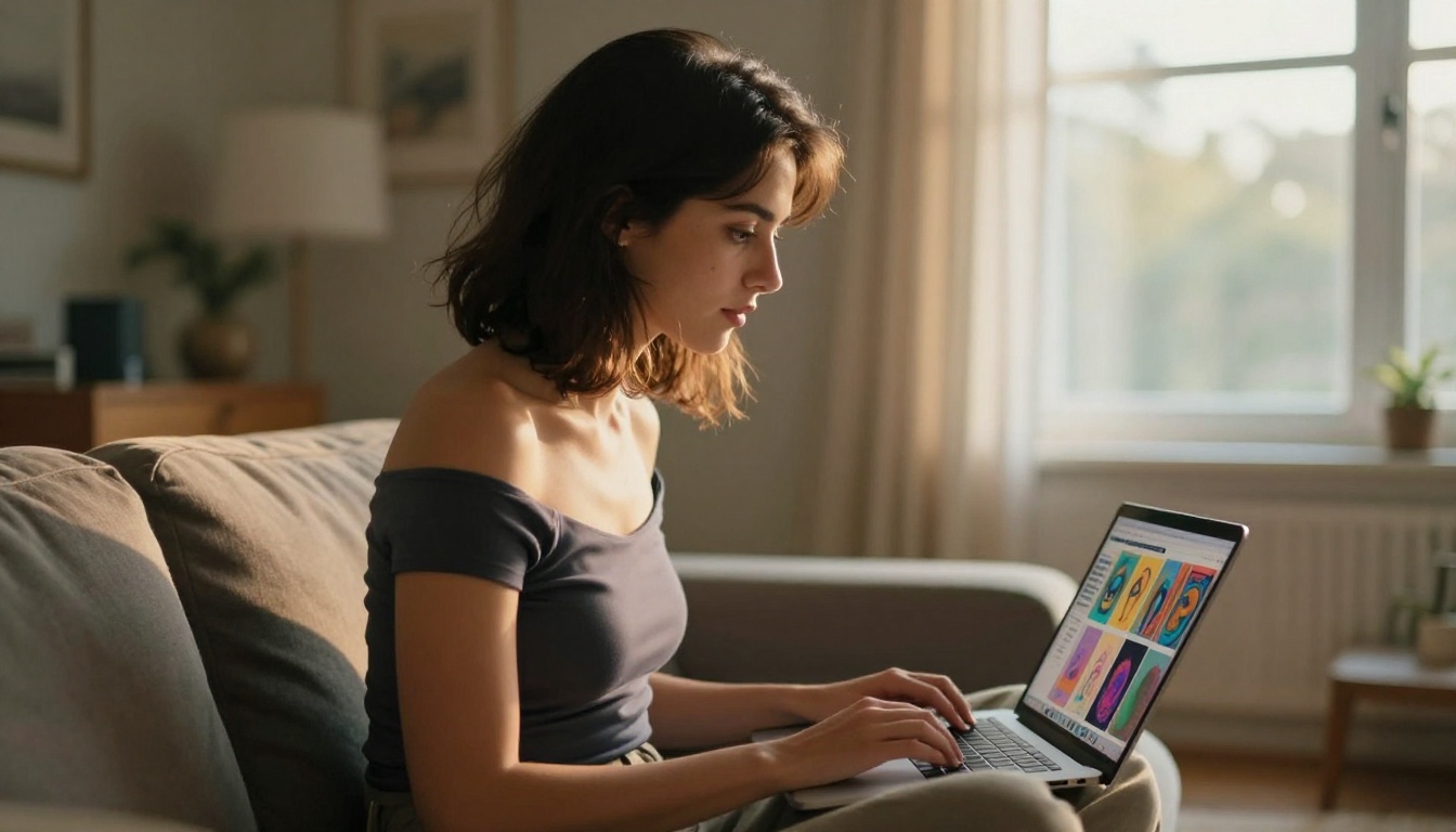 Creator reviewing AI content options on multiple devices in a bright workspace