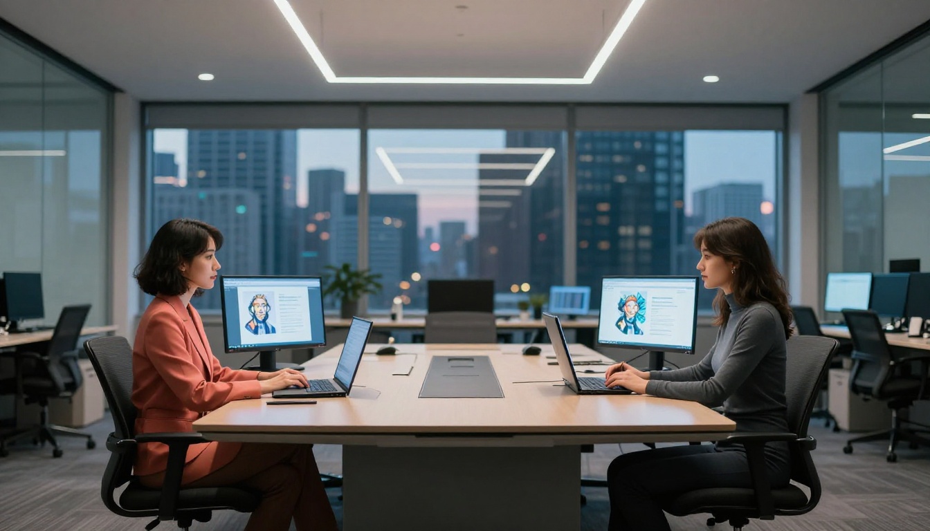 Two professionals comparing AI content outputs in a modern office environment