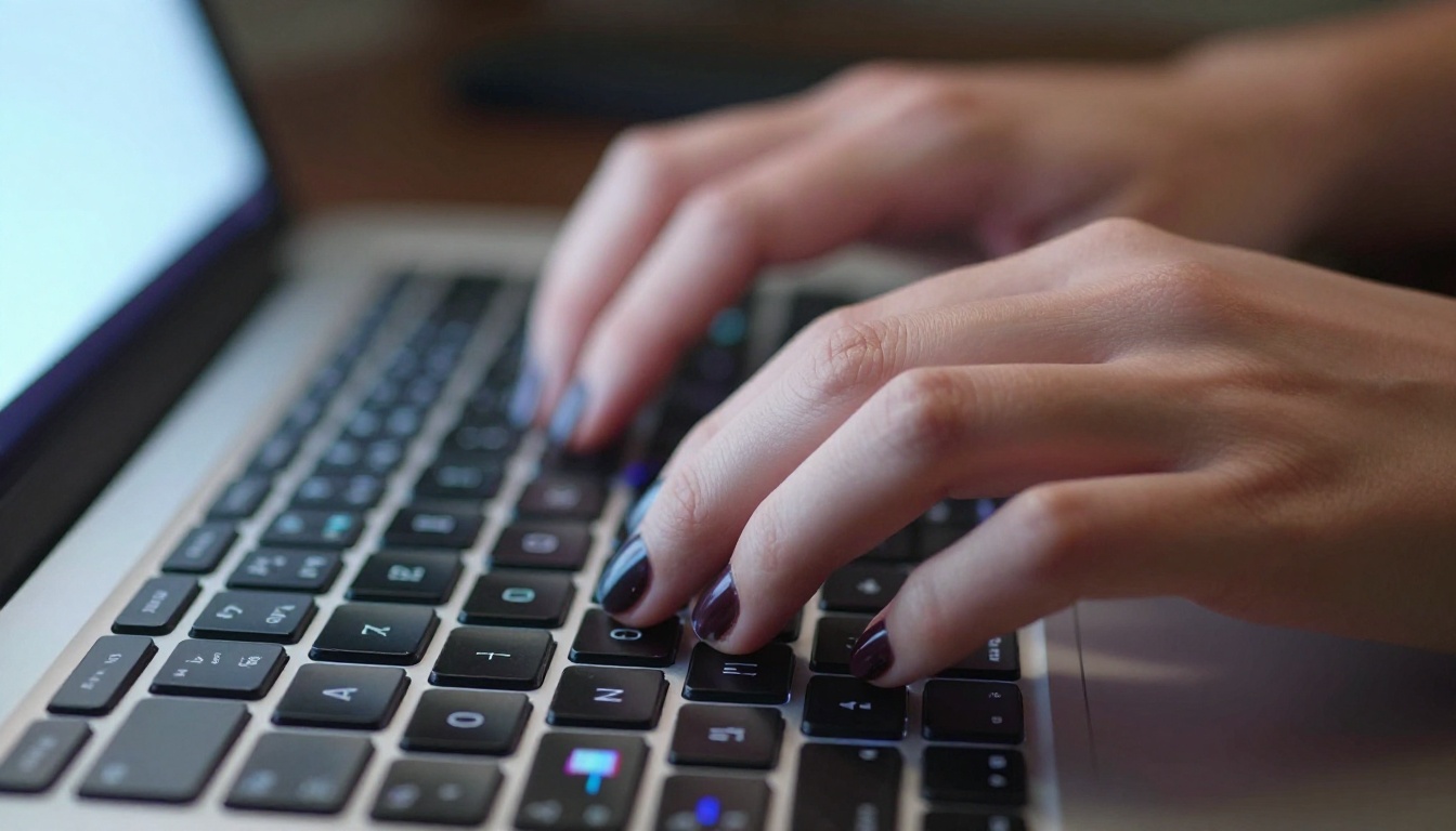 Professional keyboard close-up with AI video content reflected in desk surface