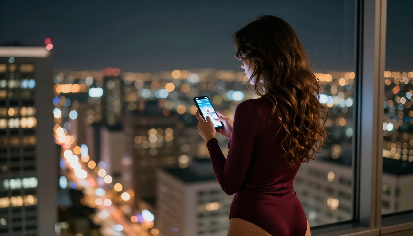 Woman creating AI content at night with city view from high-rise window