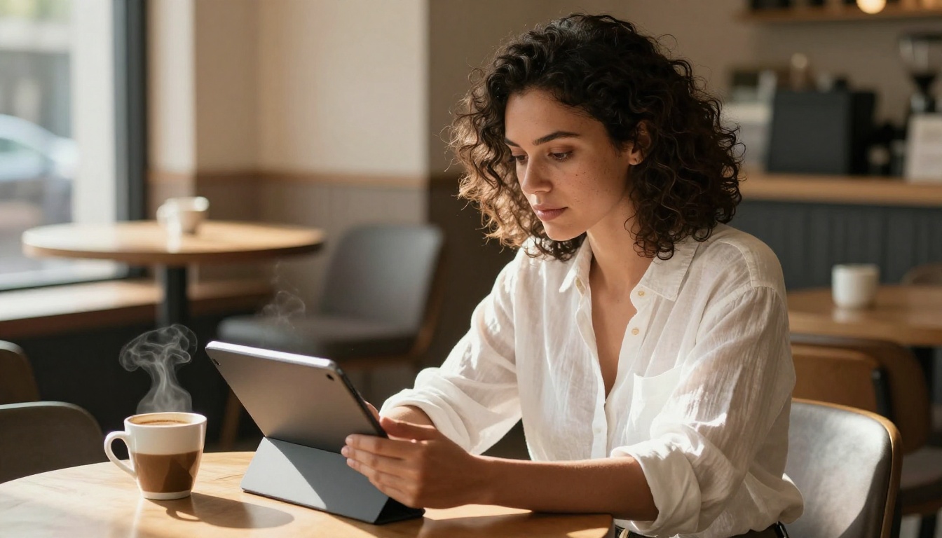 Woman in coffee shop reviewing AI content on tablet with warm natural light