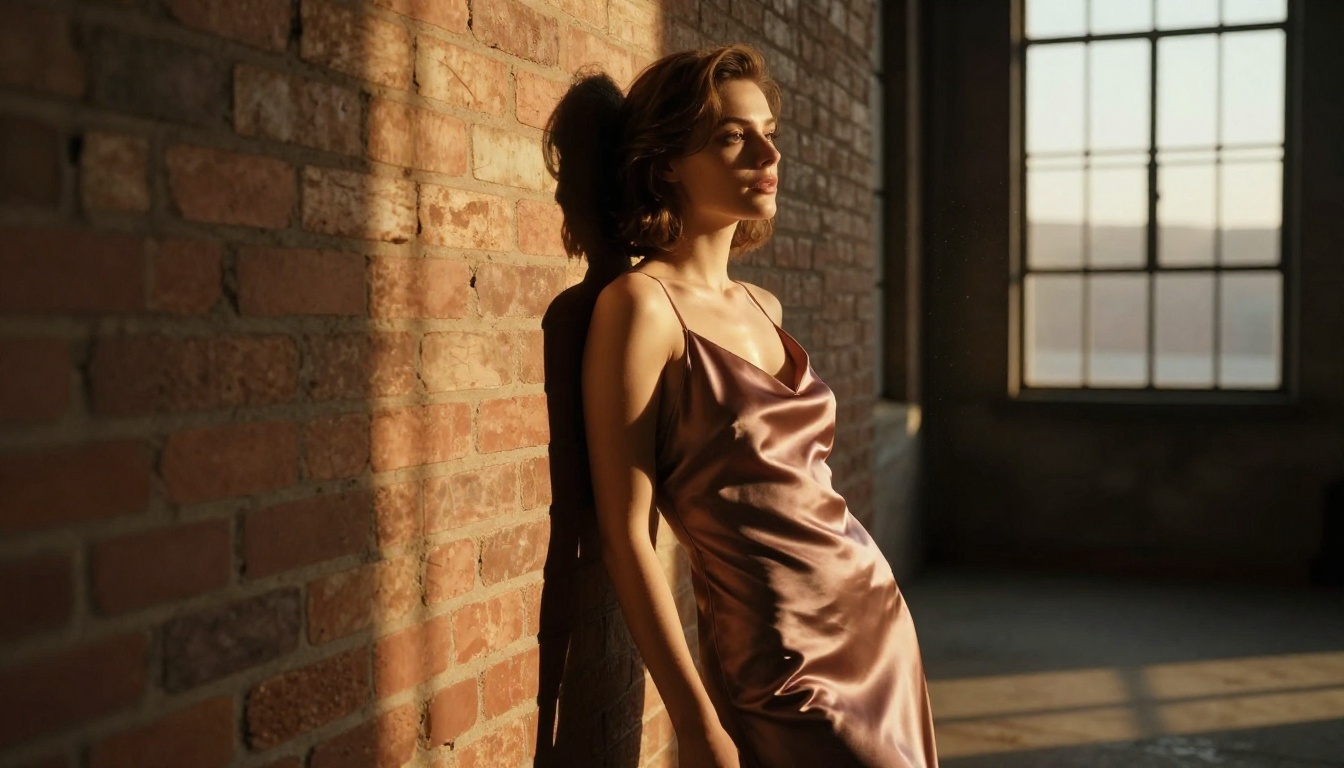 Beautiful woman with dramatic cinematic side lighting, warm amber tones, Leica M11 85mm lens, boudoir photography style