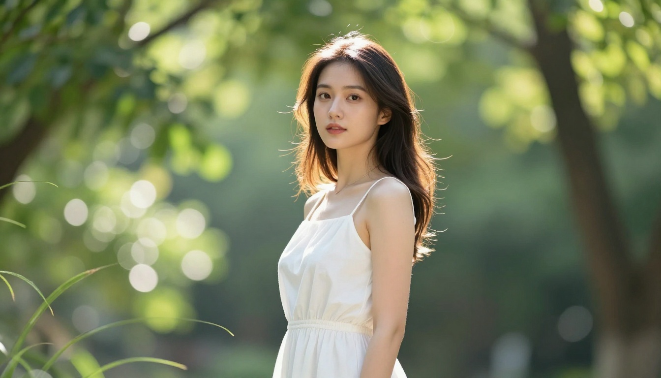 Beautiful woman in sunlit garden, sharp subject with creamy circular bokeh background, Canon 85mm f/1.2L lens, backlit hair halo