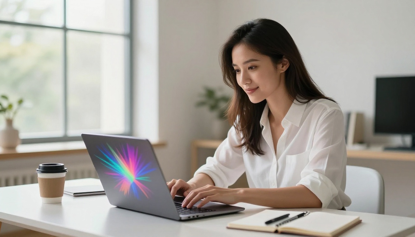 Beautiful woman sitting at laptop generating AI images, natural window light, photorealistic lifestyle photography, Canon 35mm lens