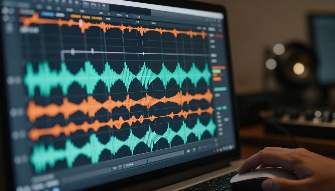 Audio waveform layers displayed on a professional DAW screen, intricate peaks and troughs in teal and orange, macro studio photography Audio waveform layers displayed on a professional DAW screen, intricate peaks and troughs in teal and orange, macro studio photography
