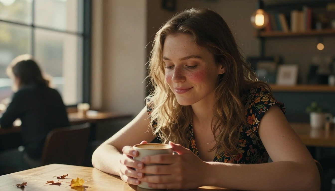 A woman leaning forward with a shy smile at a coffee shop first date, warm morning light streaming through windows