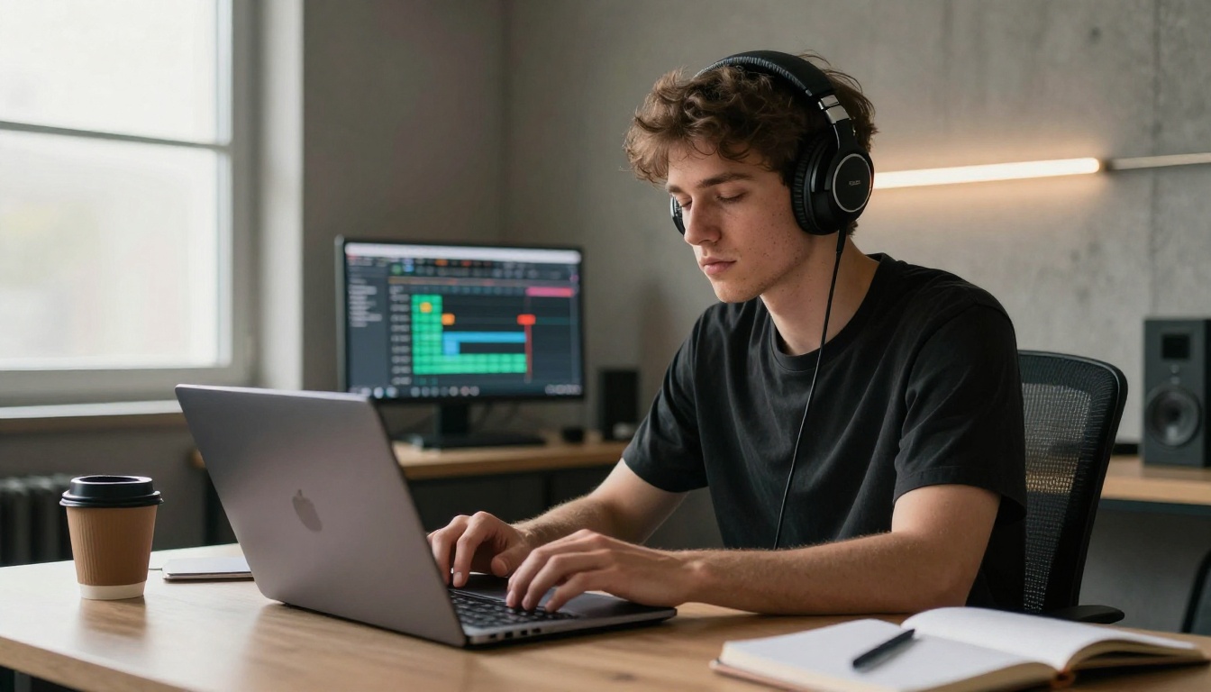 Young male music producer wearing large over-ear headphones, eyes closed, seated at a minimalist studio with a laptop open, warm morning light from a frosted window Young male music producer wearing large over-ear headphones, eyes closed, seated at a minimalist studio with a laptop open, warm morning light from a frosted window