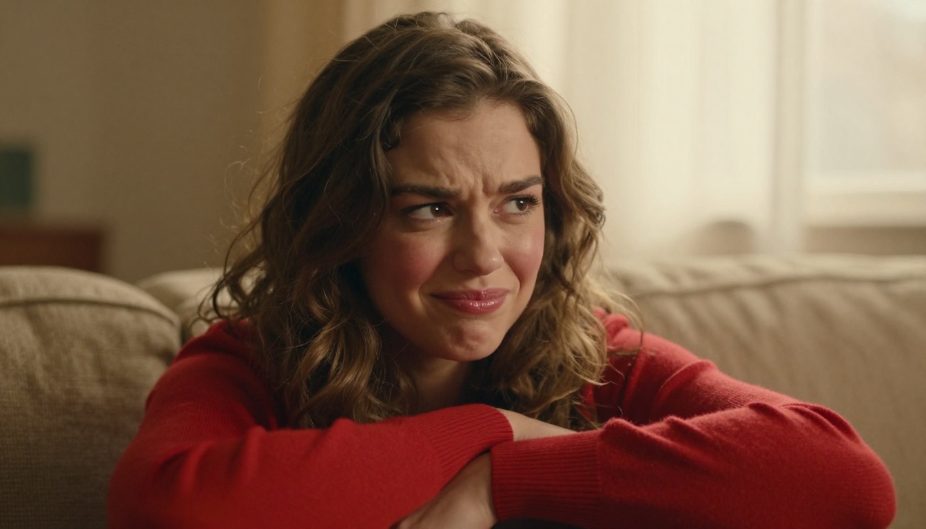 A woman with a playfully jealous expression, arms crossed, one eyebrow raised, wearing a fitted red sweater