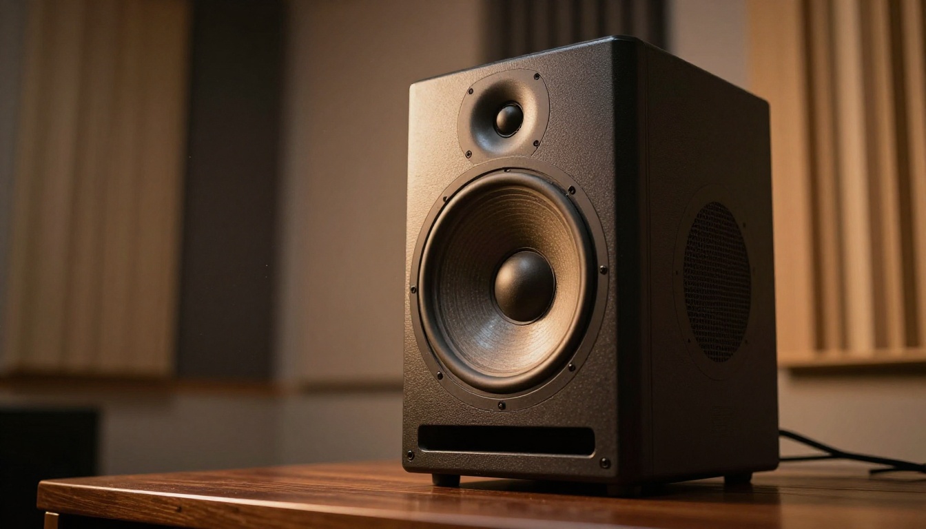 Low-angle shot of a professional floor-standing studio monitor speaker in a treated recording room, warm tungsten light from a desk lamp, acoustic foam panels blurred in background Low-angle shot of a professional floor-standing studio monitor speaker in a treated recording room, warm tungsten light from a desk lamp, acoustic foam panels blurred in background