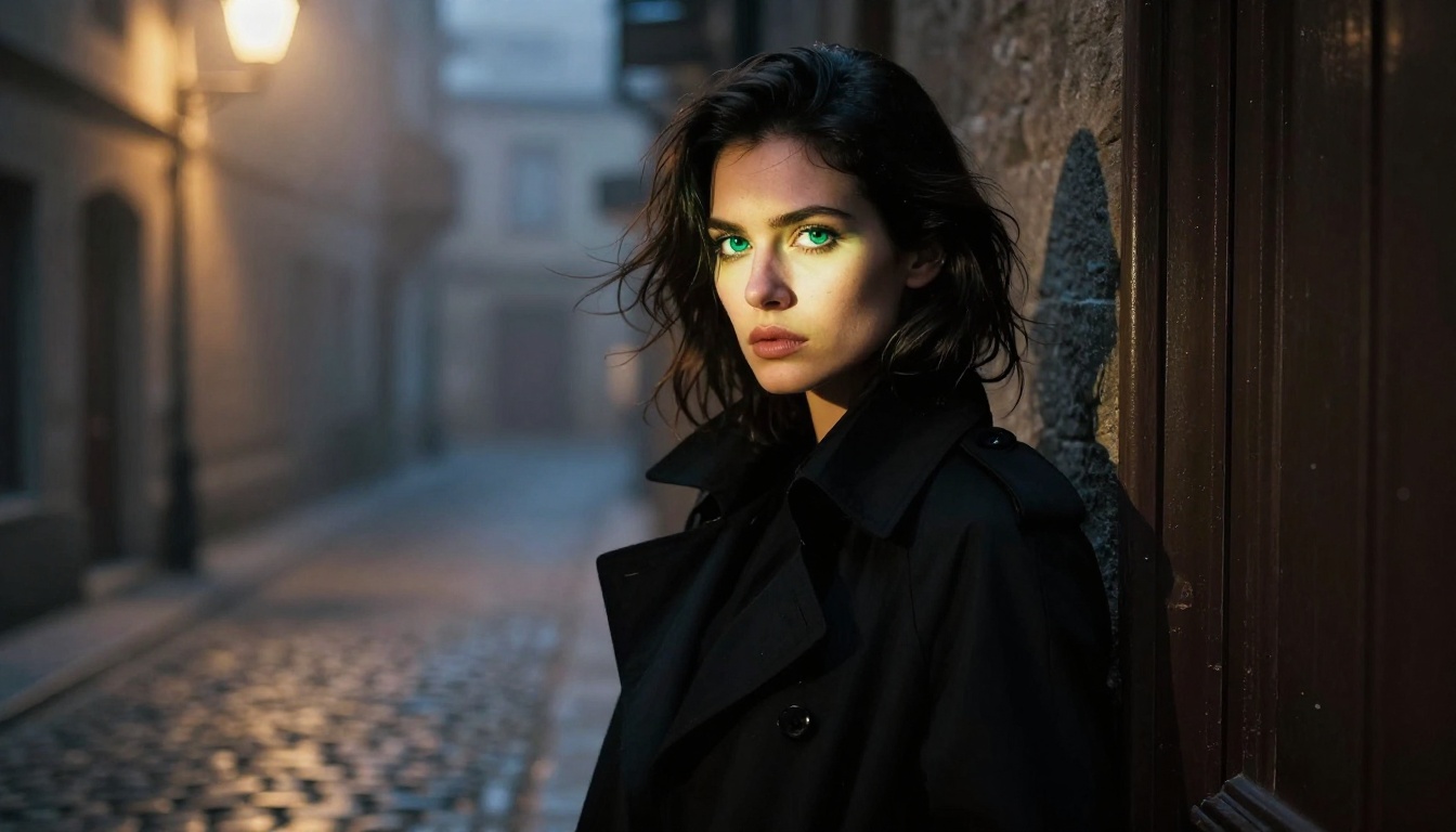A mysterious woman half-hidden in the shadow of a doorway at night, dramatic chiaroscuro lighting with bright green eyes